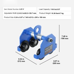 Manuaalinen palkkivaunu seosteräksestä 0,5 t kantavuus säädettävä laipan leveys 63,5–139,7 mm