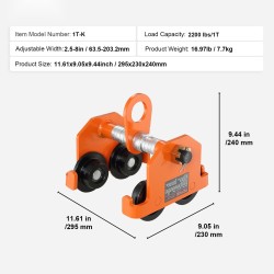 Manuaalinen ripustusvaunu seosteräs 1 t kantavuus kaksipyöräinen säädettävä leveys 63,5–203,2 mm