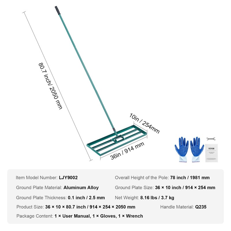 Nurmikon tasoitusharava alumiinipaneeli 914x254 mm pitkä teräsvarsi