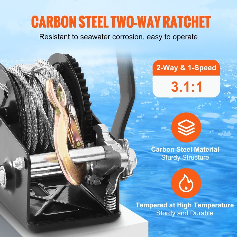 Käsivinssi 362,9 kg vetokyky 1005,8 cm teräsvaijerilla kaksisuuntainen räikkä perävaunuun