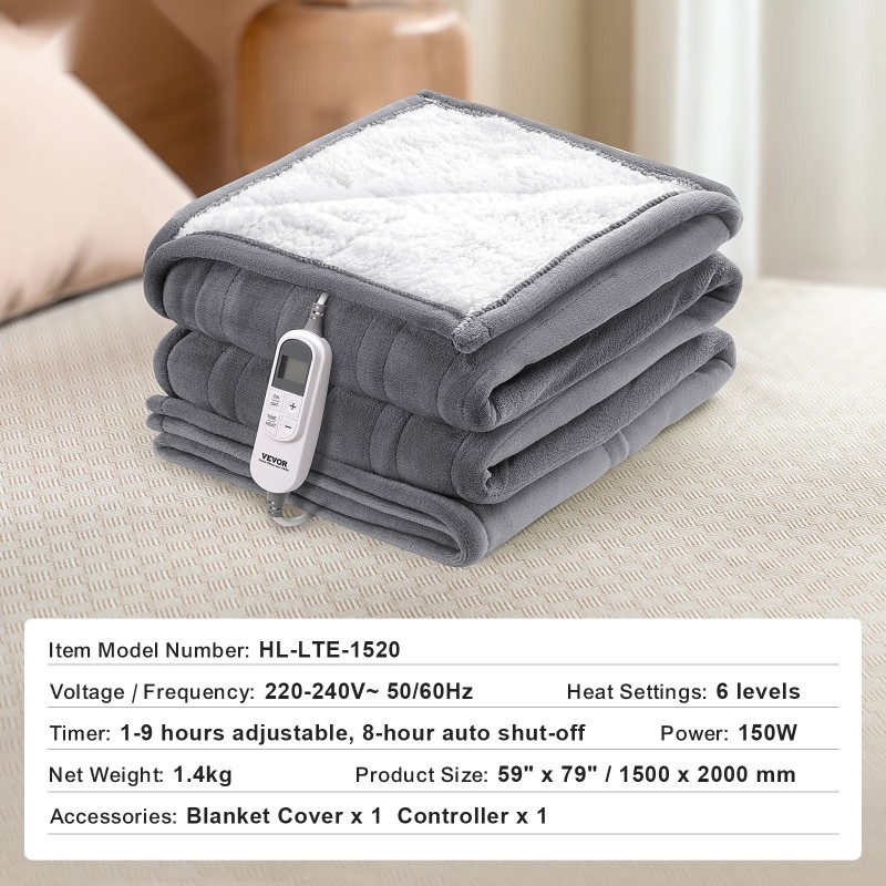Sähkölämmitteinen huopa 150 x 200 cm flanelli 6 lämpötilaa 1–9 tunnin ajastin
