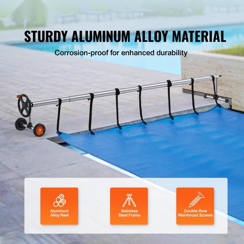 Alumiininen altaanpeitteen rulla upotetuille uima-altaaille 1,22–5,49 metriä leveille kumipyörillä ja hiekkasäkeillä