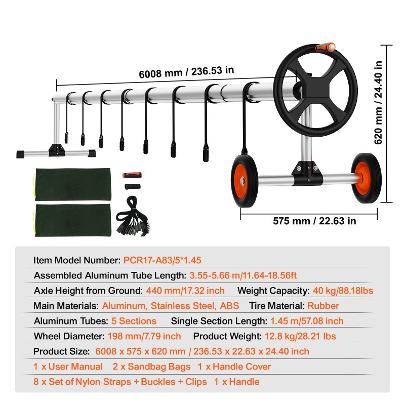 Alumiininen altaanpeitteen rulla upotetuille uima-altaaille 1,22–5,49 metriä leveille kumipyörillä ja hiekkasäkeillä