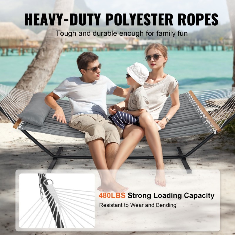 Tikattu kahden hengen puuvillariippumatto 1400 x 1900 mm jalustolla 480 paunan kantavuus