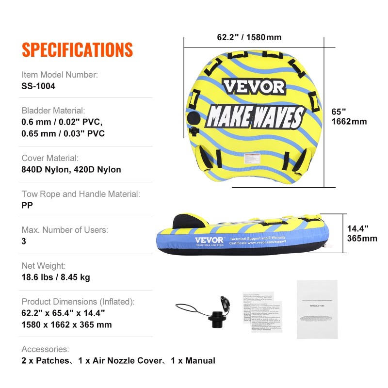 Vedettävä vesirengas 1–3 hengelle 231 kg kantavuus nylonpäällinen sivuevät pehmustetut EVA kahvat