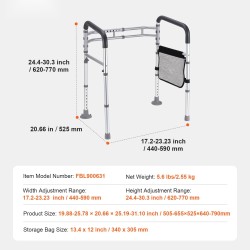 WC-turvakaide alumiiniseoksesta säädettävä taittuva pehmustetuilla kahvoilla liukumattomilla jaloilla ikäihmisille toipilaille