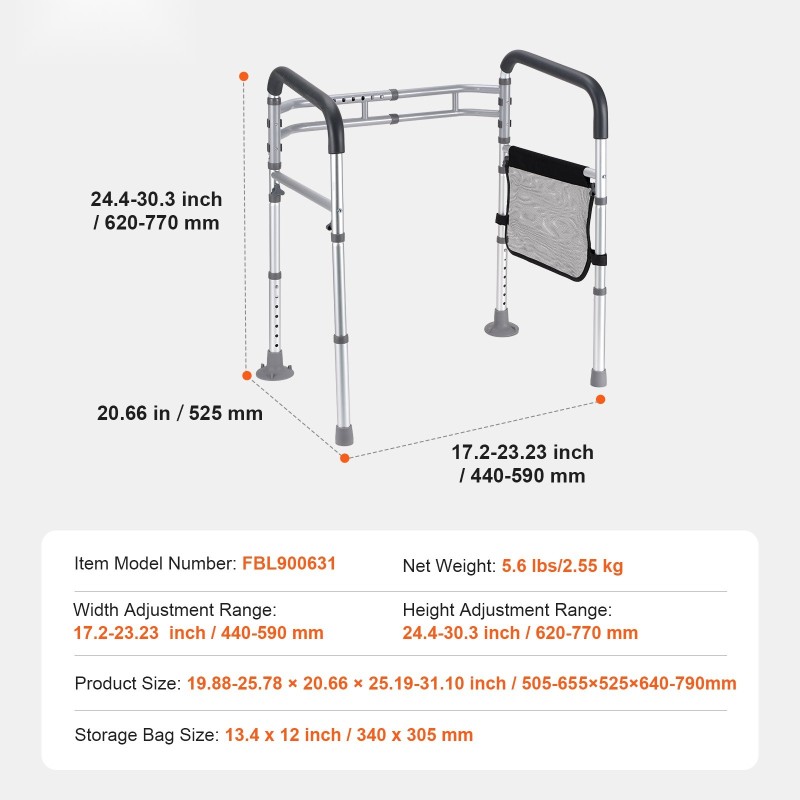 WC-turvakaide alumiiniseoksesta säädettävä taittuva pehmustetuilla kahvoilla liukumattomilla jaloilla ikäihmisille toipilaille