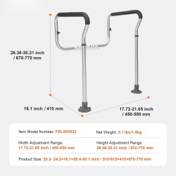 WC-turvakaide alumiiniseosta säädettävä leveys ja korkeus kantavuus 136 kg pehmustetut käsinojat imukuppijalat