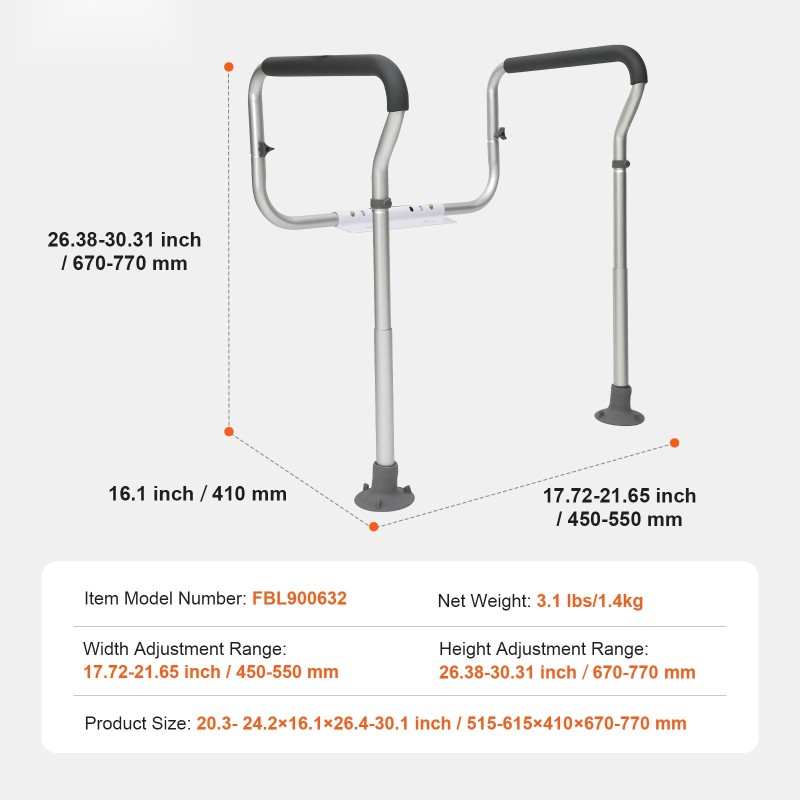 WC-turvakaide alumiiniseosta säädettävä leveys ja korkeus kantavuus 136 kg pehmustetut käsinojat imukuppijalat