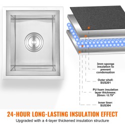 Upotettava ruostumattomasta teräksestä valmistettu jääastia 25,3 l 20 mm PU-vaahto tyhjennysputki mukana