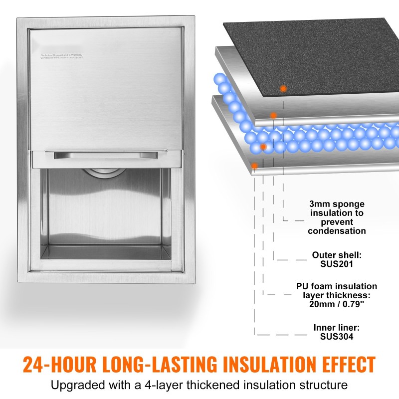 Upotettava ruostumaton teräs jääastia 38,7 litraa liukukannella ja viemärillä