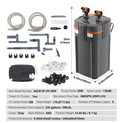 Ulkosuodatin akvaarioon 889,6 l 25W pumppu 9W UV-lamppu 5-kerroksinen ABS-muovi