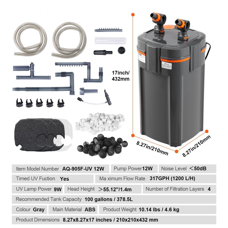 Akvaarion ulkosuodatin 378,5 l ABS-muovi 12 W pumppu 9 W UV-ajastin