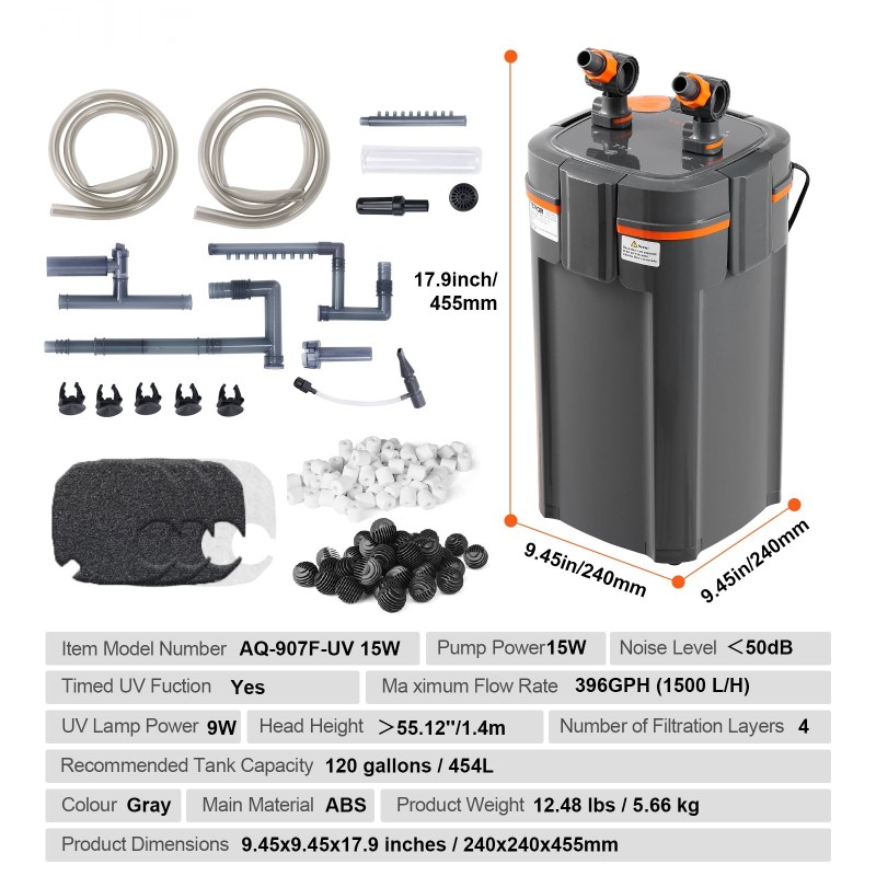 Ulkosuodatin akvaariolle 454 L 15W pumppu 9W UV-lamppu hiljainen
