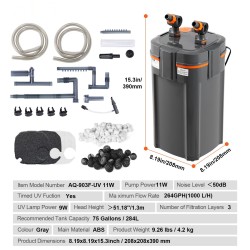 Akvaarion ulkosuodatin ABS-muovi 284 litran hiljainen 11 watin pumppu 9 watin UV-ajastin