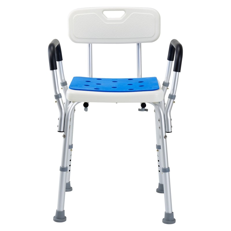 Suihkutuoli alumiiniseosrunko säädettävä korkeus 181 kg kantavuus irrotettava selkänoja liukumattomat jalat