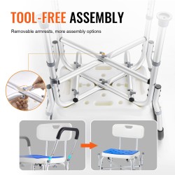 Suihkutuoli alumiinirunko säädettävä korkeus pehmustettu istuin irrotettavat käsinojat selkänojalla 400 paunan kantavuus