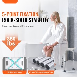 Suihkujakkara alumiinirunko muovinen istuin 6-portainen korkeussäätö 360–485 mm sisäänrakennetut kahvat liukuestejalat