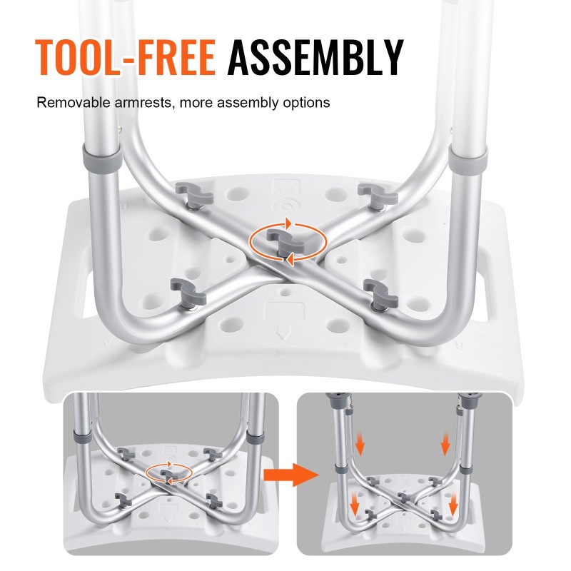 Suihkujakkara alumiinirunko muovinen istuin 6-portainen korkeussäätö 360–485 mm sisäänrakennetut kahvat liukuestejalat