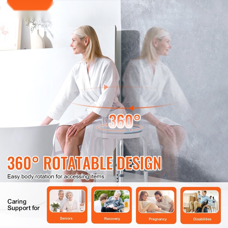 Suihkujakkara alumiiniseosrunko PP-muovinen istuin korkeussäädettävä 360 asteen kääntyvä 136 kg kantavuus