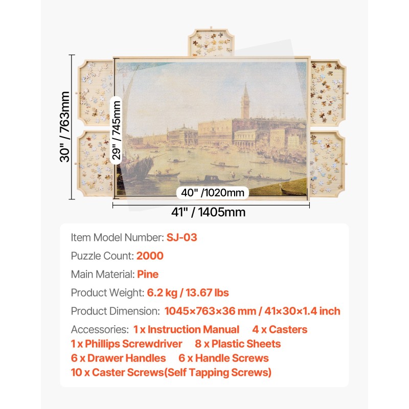 Palapelialusta mäntyinen kääntyvä 102x74 cm 5 laatikkoa irrotettava kansi sopii 2000 palalle