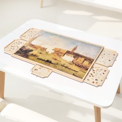 Palapelialusta mäntyinen kääntyvä 102x74 cm 5 laatikkoa irrotettava kansi sopii 2000 palalle