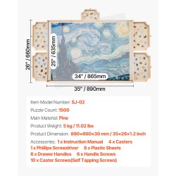 Palapelialusta mänty 865x635 mm kääntyvä 1500 palalle 5 vetolaatikkoa