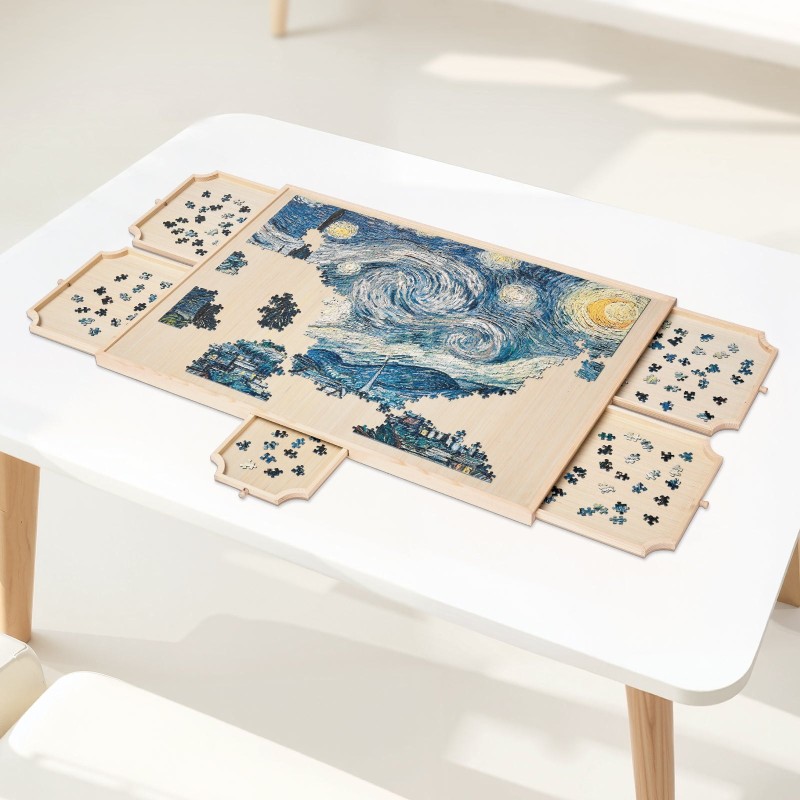 Palapelialusta mänty 865x635 mm kääntyvä 1500 palalle 5 vetolaatikkoa