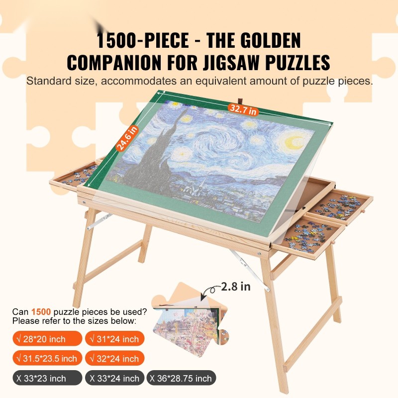 Palapelipöytä mäntyinen 1500 palan kolmiportaisesti kallistettava neljä laatikkoa läpinäkyvä kansi