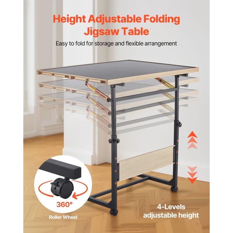 Palapelipöytä mänty 1500 palan 86x63 cm pyörillä säädettävällä korkeudella 4 vetolaatikkoa