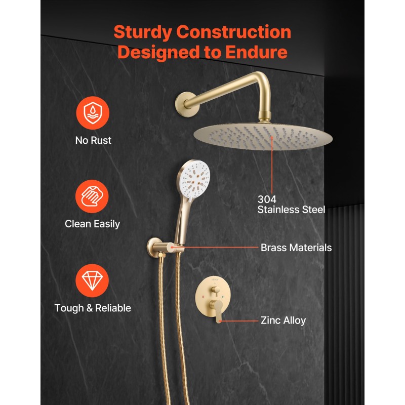 Sadesuihkusetti seinäasennus 10-tuumainen pyöreä suihkupää käsisuihku 1,5 m letku messinkiventtiili harjattu kulta