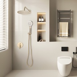 Sadesuihkusetti seinäasennus 10-tuumainen pyöreä suihkupää käsisuihku 1,5 m letku messinkiventtiili harjattu kulta