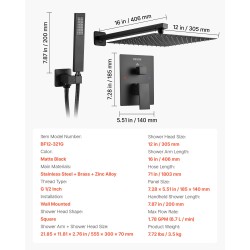 Seinään asennettava metallinen suihkusarja 305 mm neliösuihku ja käsisuihku musta mattapinta