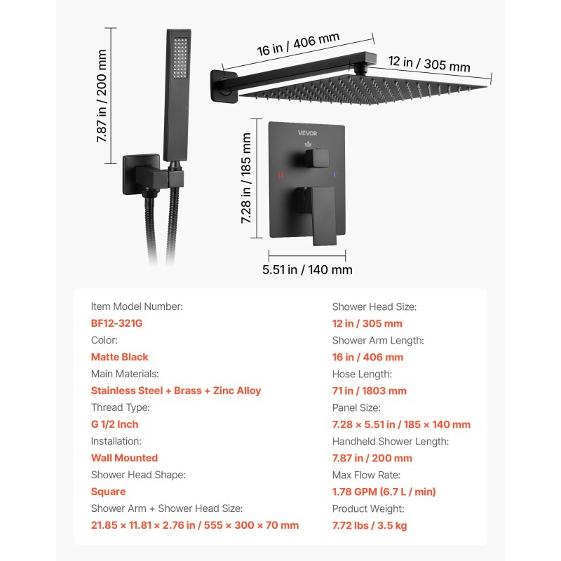 Seinään asennettava metallinen suihkusarja 305 mm neliösuihku ja käsisuihku musta mattapinta