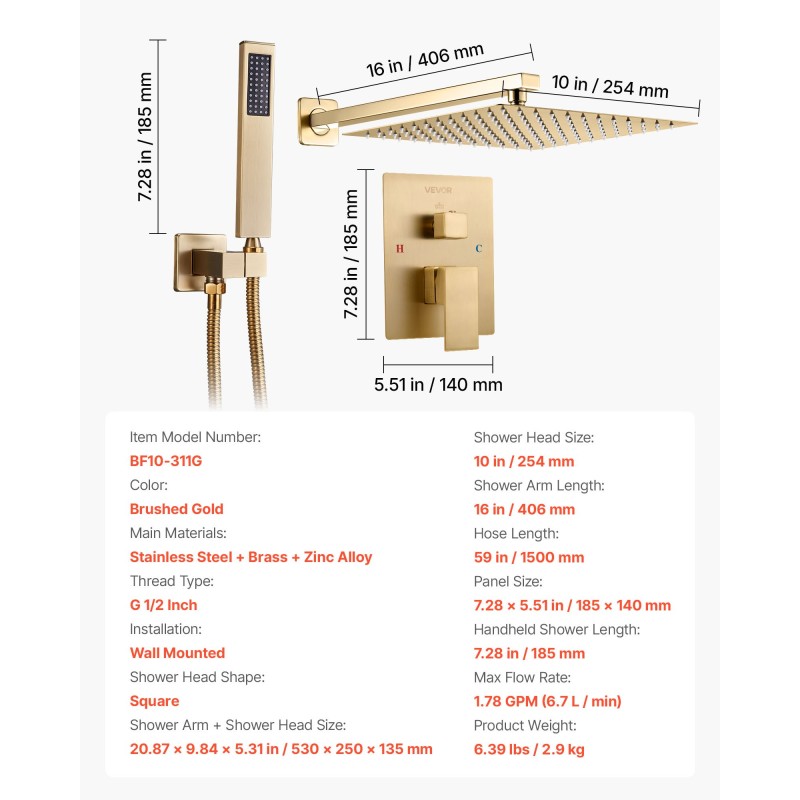 Suihkusetti seinäasennettava kymmenen tuuman neliösuihkupää harjattu kulta messinkiventtiili käsisuihku