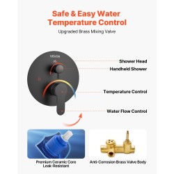 Seinäasennettava mattamusta suihkusarja 12 tuuman pyöreä yläsuihku käsisuihku 1,8 m letkulla messinkiventtiilillä