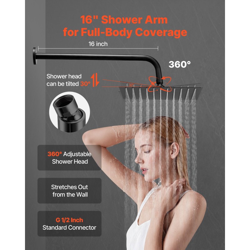 Seinään asennettava mattamusta metallinen sadesuihkusetti 10 tuuman neliönmuotoisella suihkupäällä ja käsisuihkulla