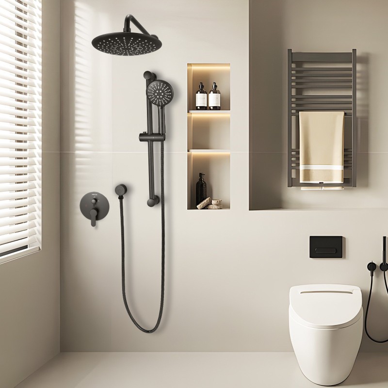 Suihkusetti seinäasennettava mattamusta 23 cm pyöreällä kattosuihkulla ja käsisuihkulla messinkiventtiilillä