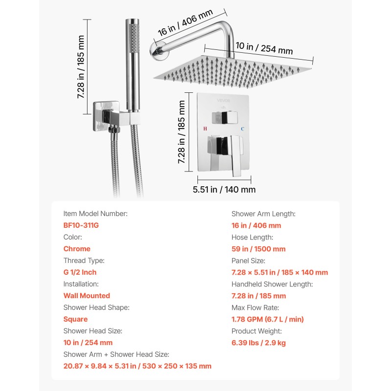 Seinäasennettava kromattu suihkujärjestelmä messinkiventtiilillä kymmenentuumainen neliömäinen yläsuihku käsisuihku