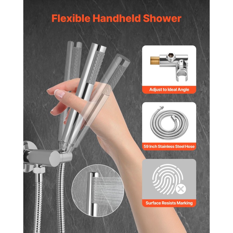 Seinäasennettava suihkujärjestelmä 10 tuuman pyöreällä yläsuihkulla ja käsisuihkulla messinkiventtiilillä kromipinnalla