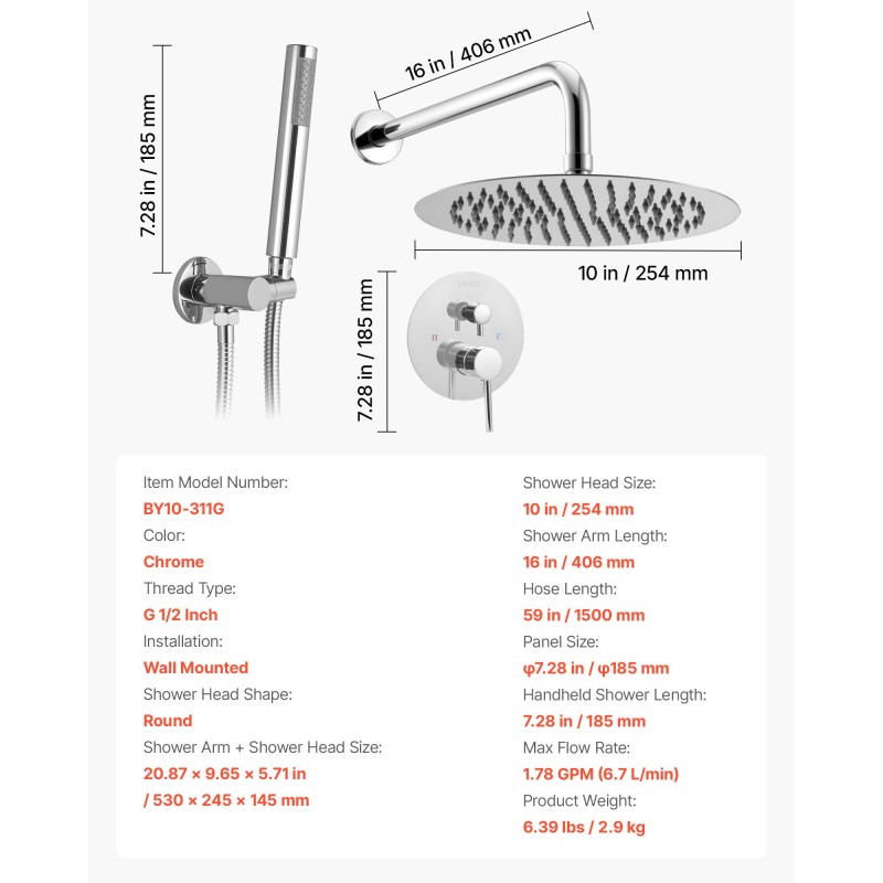 Seinäasennettava suihkujärjestelmä 10 tuuman pyöreällä yläsuihkulla ja käsisuihkulla messinkiventtiilillä kromipinnalla