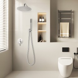 Seinäasennettava suihkujärjestelmä 10 tuuman pyöreällä yläsuihkulla ja käsisuihkulla messinkiventtiilillä kromipinnalla