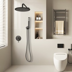 Seinään asennettava mattamusta sadevesisuihkusetti 8 tuuman pyöreä suihkupää käsisuihku ruostumaton teräsletku messinkiventtiili