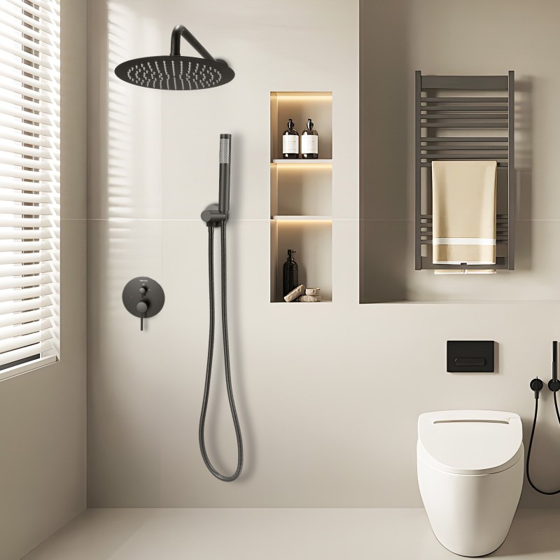 Seinään asennettava mattamusta sadevesisuihkusetti 8 tuuman pyöreä suihkupää käsisuihku ruostumaton teräsletku messinkiventtiili