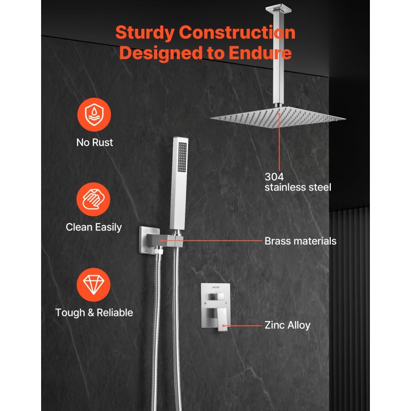 Kattoasennettava sadesuihkusetti 30,5 cm neliösuihkupäällä ja käsisuihkulla messinkiventtiilillä harjatulla nikkelipinnalla