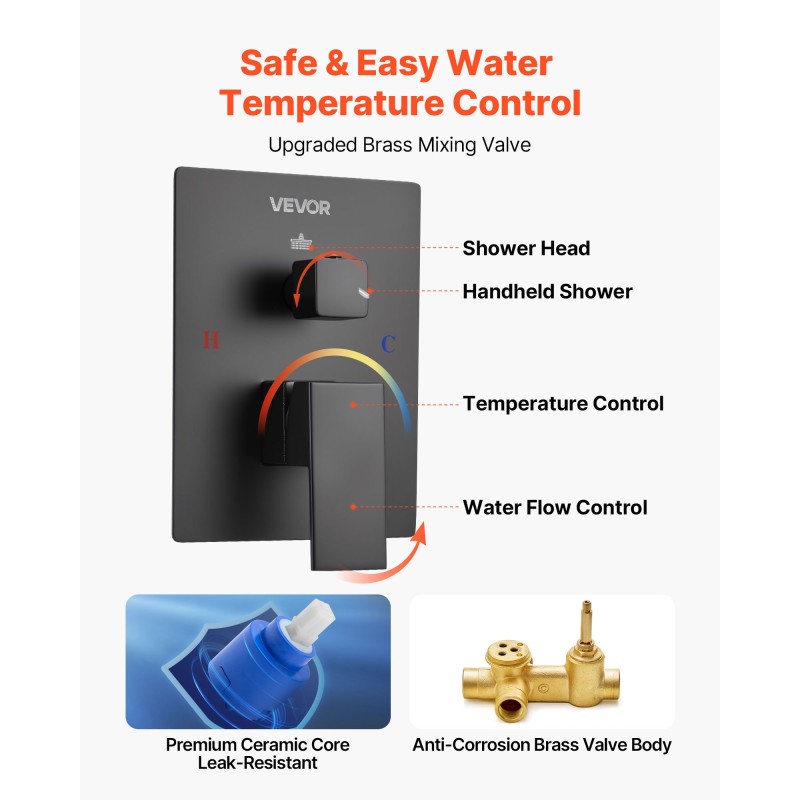 Kattoon asennettava mattamusta sadesuihkusetti 10 tuuman neliönmuotoisella suihkupäällä ja käsisuihkulla