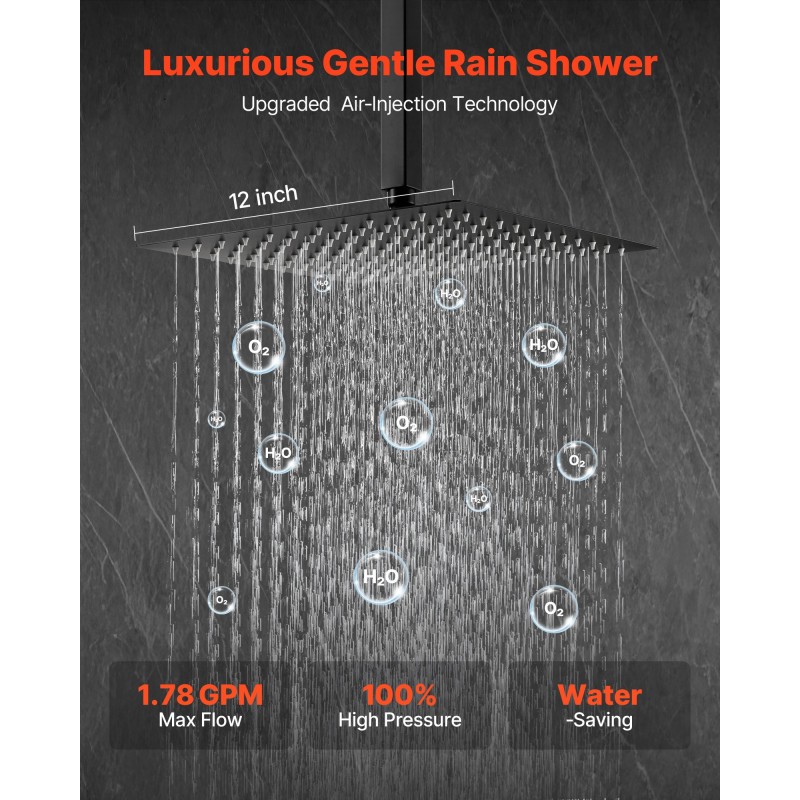 Kattokiinnitteinen sadesuihkusetti 30,5 cm neliönmuotoinen sadesuihkupää käsisuihku mattamusta messinkiventtiilillä