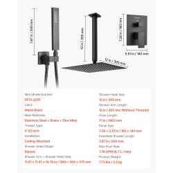 Kattokiinnitteinen sadesuihkusetti 30,5 cm neliönmuotoinen sadesuihkupää käsisuihku mattamusta messinkiventtiilillä