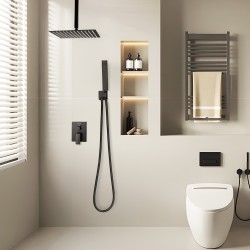 Kattokiinnitteinen sadesuihkusetti 30,5 cm neliönmuotoinen sadesuihkupää käsisuihku mattamusta messinkiventtiilillä