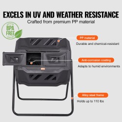 Kaksikammioinen pyörivä kompostori 162,7 litraa BPA-vapaa teräsrunko kaksi liukuovea